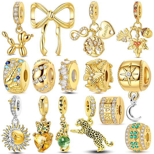 Gold-Serie, DIY-Charms, Original-Charms aus 925er-Sterlingsilber mit eingelegtem Zirkonium, Sonnen- und Leoparden-Anhänger, passend für Armbänder, Schmuck, Geschenkmarkierung