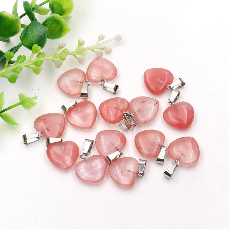 12 Stück Naturstein Quarz Rosenkristall Türkis Opal Herz Anhänger 16mm DIY Schmuckherstellung Halskette Zubehör Charms Handwerk
