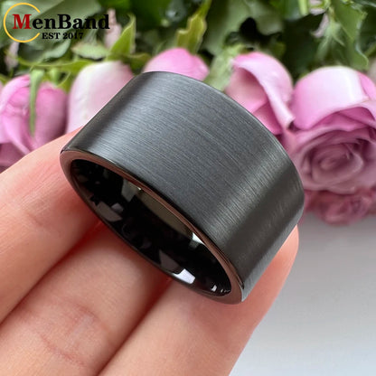 MenBand 10 mm 12 mm großer Herrenring, schwarzer Wolfram-Ehering, flaches Band und gebürstete Oberfläche, bequeme Passform