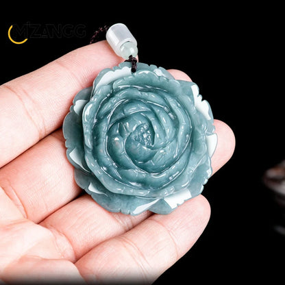 Natürliche EINE Waren Jadeit Blau Wasser Pfingstrose Anhänger Blumen Reiche Mode Luxus Charme Frauen Jade Halskette Schmuck Urlaub Geschenk