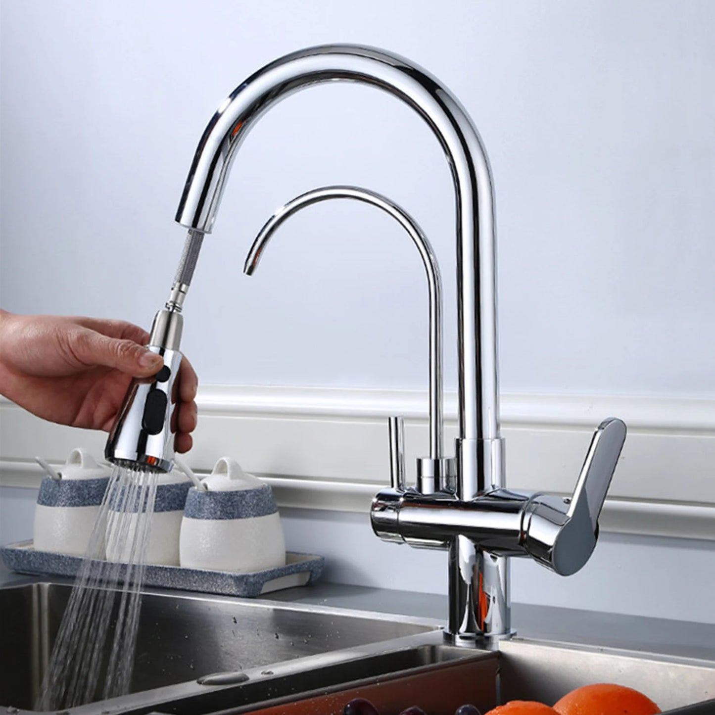 3-Wege-Küchenarmatur mit ausziehbarem Sprühgerät 360 °   Drehbarer Küchenarmatur, 3-in-1, Chrom, Doppelgriff, für heißes und kaltes Trinkwasser