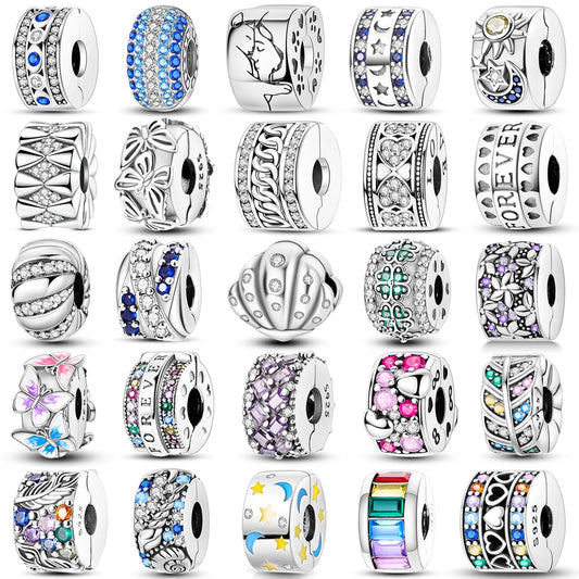 Silberverschluss, 925er-Sterlingsilber, CZ-Pflaster-Clip-Charms, Gänseblümchen-Perlen, Stopper, Sicherheitskette, passend für Original-Armreif, Schmuck-Clip