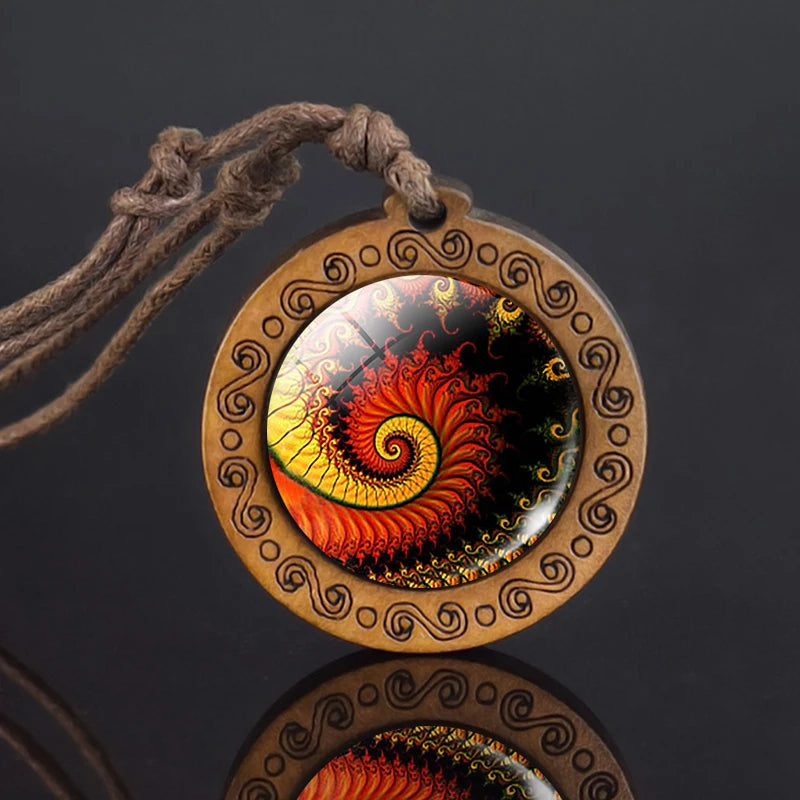 Mandala glass necklace, retro art, wooden pendant, Buddhist sacred geometry, jewelry, spiritual yoga gift