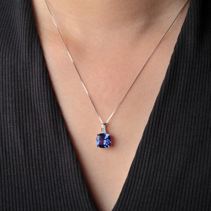 Potiy 4,73 ct Kissen-Halskette mit Saphir-Nano-Smaragd-Tansanit-Anhänger, keine Kette, 925er-Sterlingsilber für Damen, Valentinstag