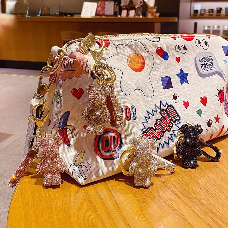 Nette Strass Quaste Bär Schlüsselbund Paar Schlüsselbund Mädchen Dekoration Kleine Anhänger Auto Schlüssel Ring Student Tasche Anhänger