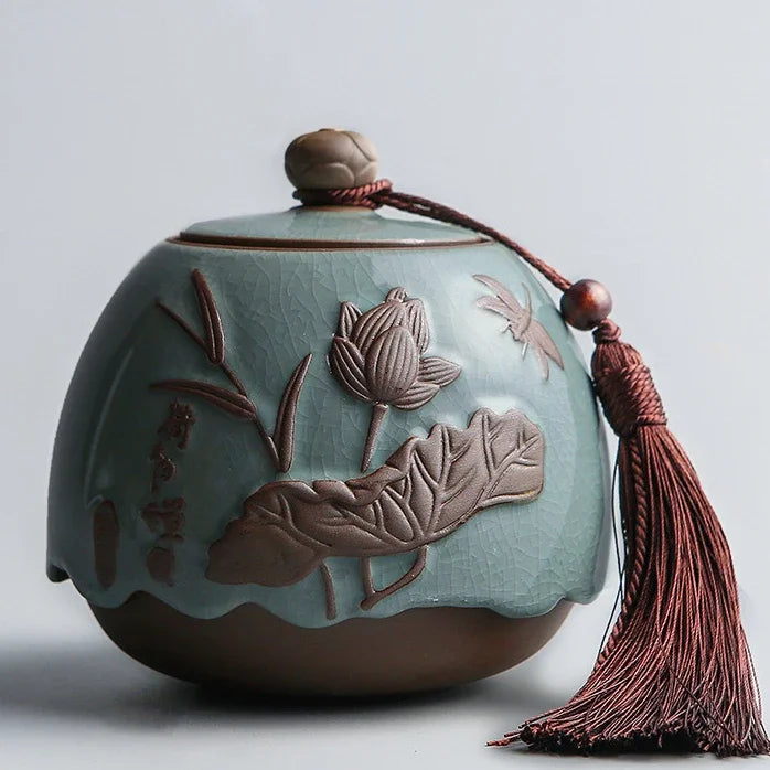 Hand-carved lotus celadon ash pet urn, dog and cat cremation urns, ceramic urns, sealed jar, funeral memorial art, large size