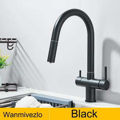 Wanmivezlo Küchenarmatur mit Verlängerungsdüse, 360-Grad-Drehung, Heiß- und Kaltmischer, Küchenarmaturen, Doppelgriff, Trinkwasserhahn
