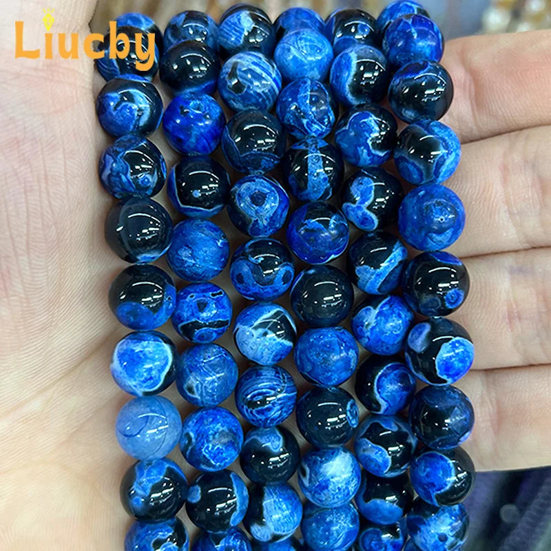Naturstein Dunkelblaue Feuerachate Edelsteinperlen für Schmuckherstellung DIY Damenohrringe Zubehör 15" Großhandel 6/8/10mm
