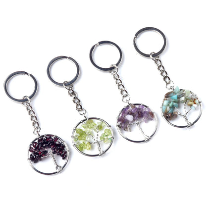 5 teile/satz Runde Baum des Lebens Anhänger Naturstein Kristall Achat Quarz Chip Stein Schlüsselbund Edelstahl Schmuck Zubehör
