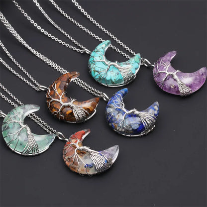 Natürliche Kristall Mond Anhänger Halskette Baum des Lebens Amethyst Reiki poliert Mineral Schmuck Heilstein für Männer Frauen Schmuck