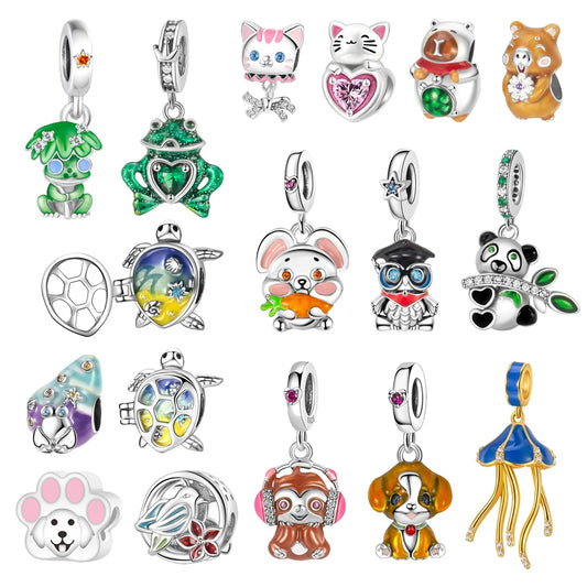 Tier-Serie, 925er-Sterlingsilber, Qualle, Pfau, Schildkröte, Kaninchen, Frosch, Charm, passend für DIY-Armbänder, Halsketten, Geschenke für Kinder
