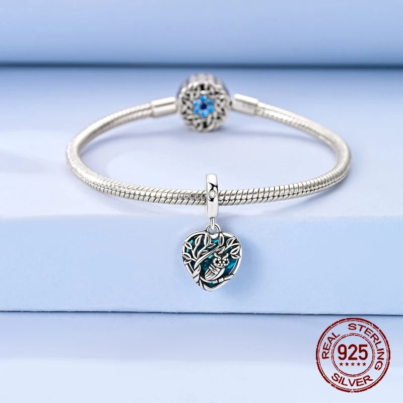 Charm-Anhänger aus 925er-Sterlingsilber mit Herzrahmen, Eule und Baum, blauer Zirkon, eingelegte passende Armbänder, süßer Schmuck, Geschenk für Frauen