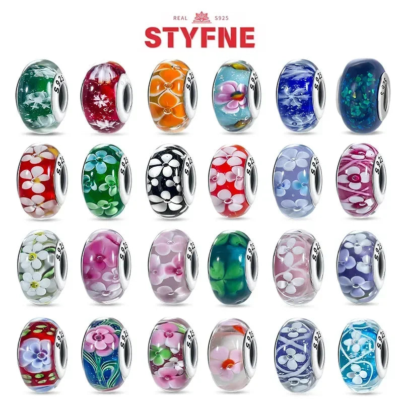 Echtes Sterlingsilber 925, Blumen-Charms, Glas, neue Original-Perle, bunt, Murano, passend für Original-Armbänder, DIY für Frauen, Schmuck, Geschenke