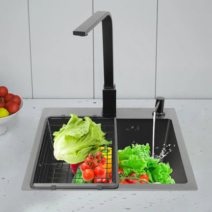 Küchenspüle aus Edelstahl, rechteckig, moderne Einbauspüle, Küchenspüle mit Wasserhahn, Abtropfkorb