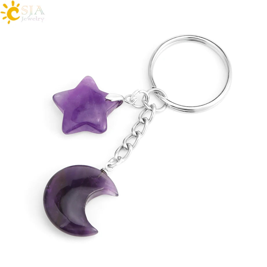 CSJA Healing Naturstein Schlüsselbund Trendy Mond Sterne Charm Bead Anhänger Silber Farbe Halter Schlüssel Ring Auto Schlüssel Ring Tasche Dekor H368