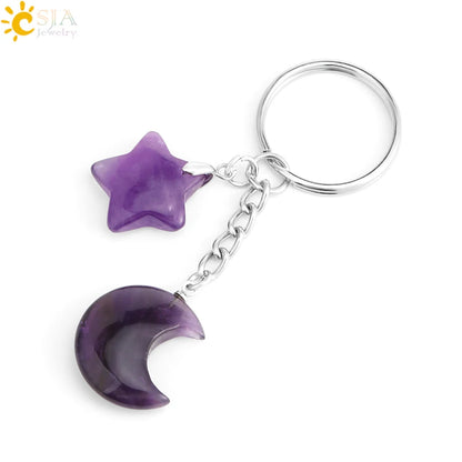 CSJA Healing Naturstein Schlüsselbund Trendy Mond Sterne Charm Bead Anhänger Silber Farbe Halter Schlüssel Ring Auto Schlüssel Ring Tasche Dekor H368