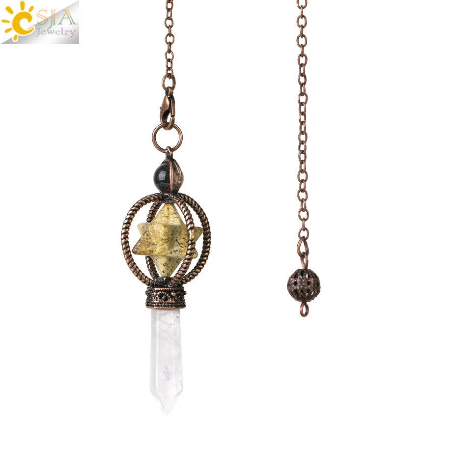 CSJA Esoterik Kristallpendel für Wünschelpen, Weissagung, Pendel, Merkaba, Naturstein-Anhänger, klarer Quarz, rote Bronze, G930