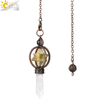 CSJA Esoterik Kristallpendel für Wünschelpen, Weissagung, Pendel, Merkaba, Naturstein-Anhänger, klarer Quarz, rote Bronze, G930