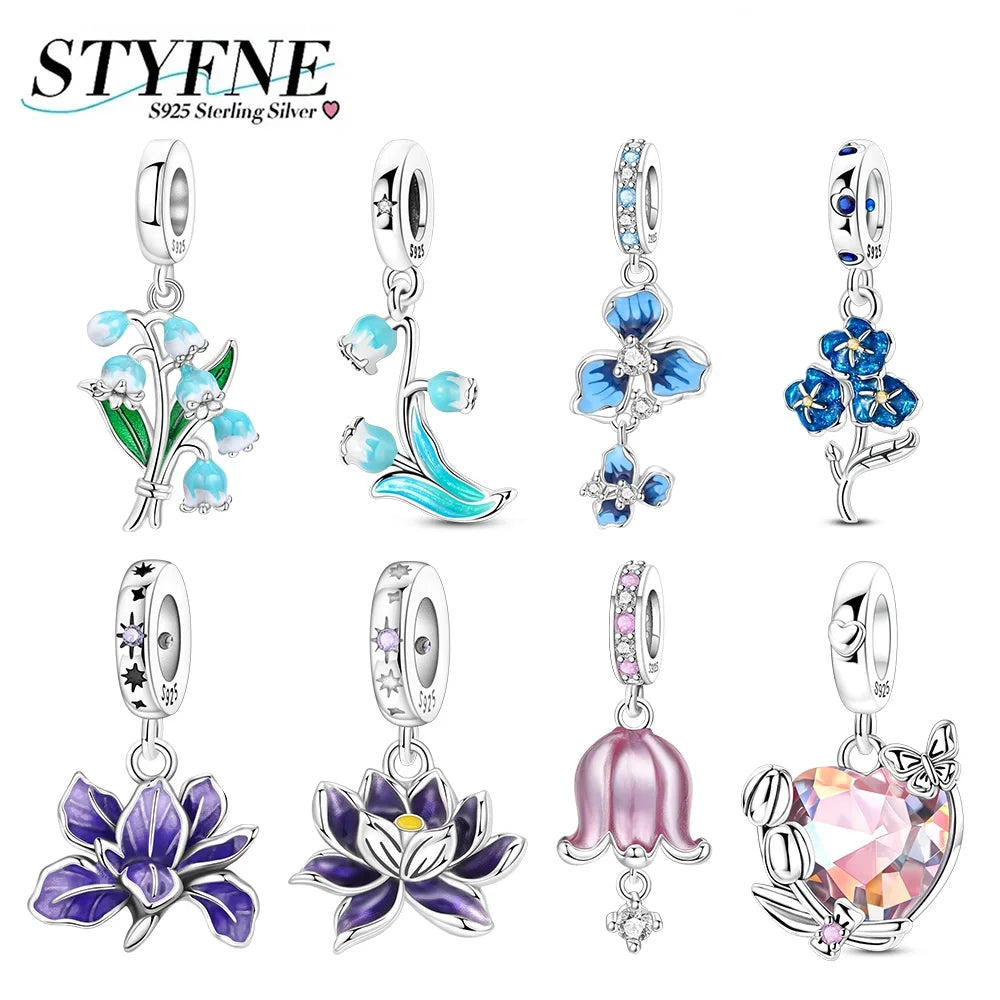 Charms aus 925er Silber, Blumenserie, lila Iris, Lilie, rosa Lilie, Perlen-Anhänger, passend für Original-Armbänder, Modeschmuck, DIY-Frauen-Geschenke