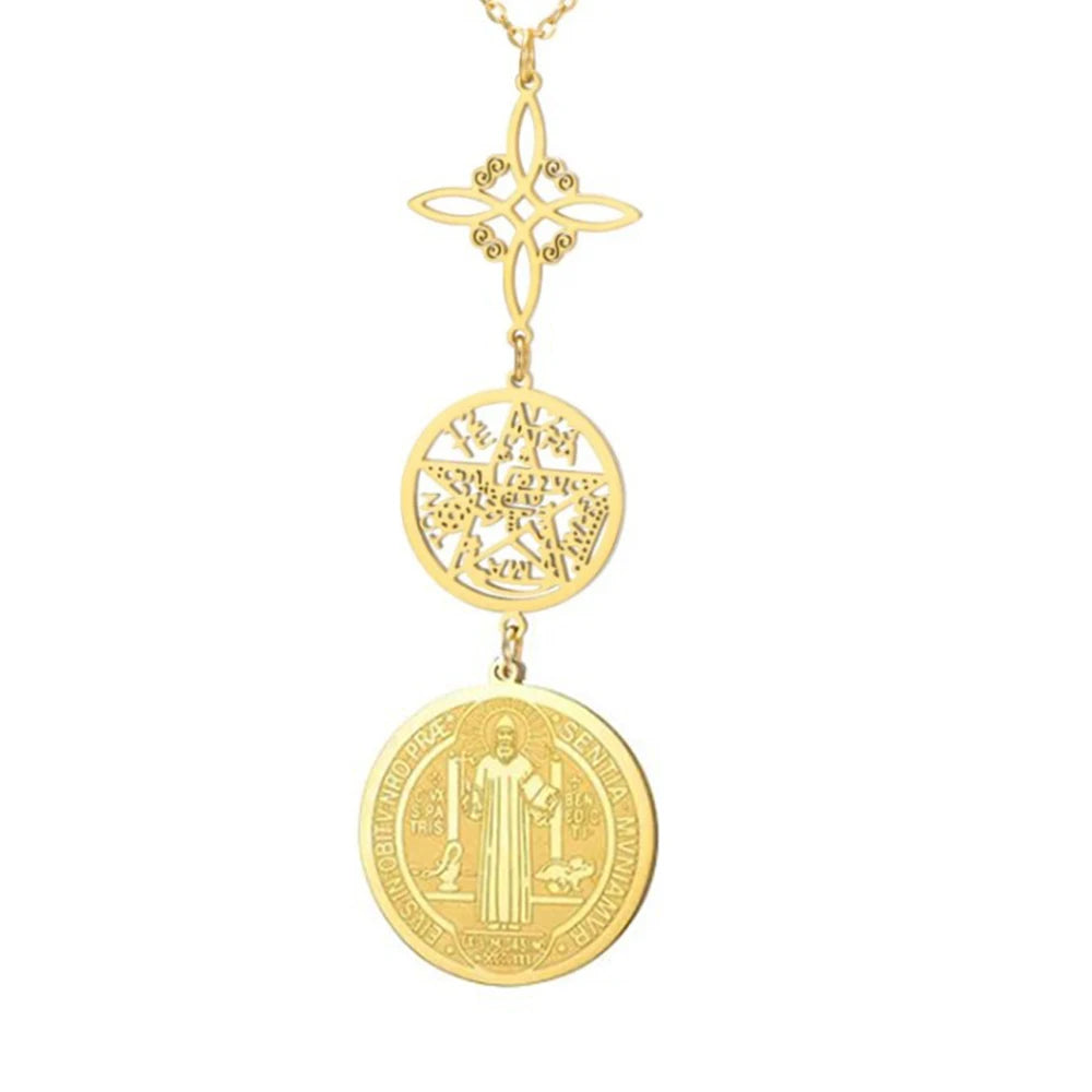 Dreifache Schutzhalskette mit Hexenknoten, Pentagramm, Tetragrammaton, St. Benedikt, Edelstahl, spirituelles Symbol, Amulett, Schmuck