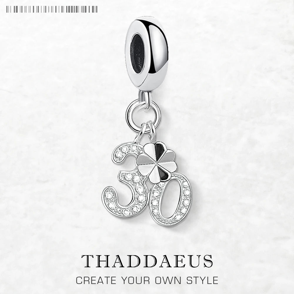Glückszahl 30 baumelnde Charm-Anhänger für Damen und Herren, 925er Sterlingsilber, trendiger Schmuck