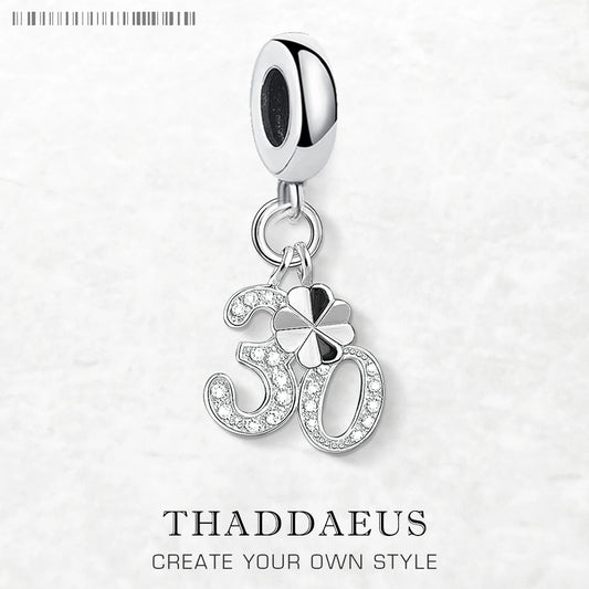 Glückszahl 30 baumelnde Charm-Anhänger für Damen und Herren, 925er Sterlingsilber, trendiger Schmuck