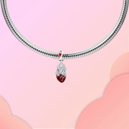 Herz- und Orgel-Charm, 925er-Sterlingsilber, roter Rosenschädel, baumelnder Anhänger, dunkle ästhetische Passform, Armreif, Halskette, DIY-Schmuck