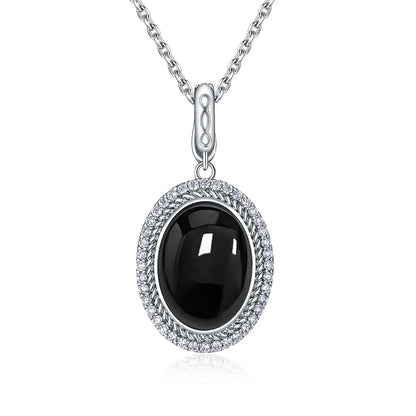 Halskette aus 925er-Sterlingsilber, natürlicher schwarzer Onyx, oval, 10 x 14 mm, mit Cry-Skelett, schlichtes Design, mit Kristall für Damen