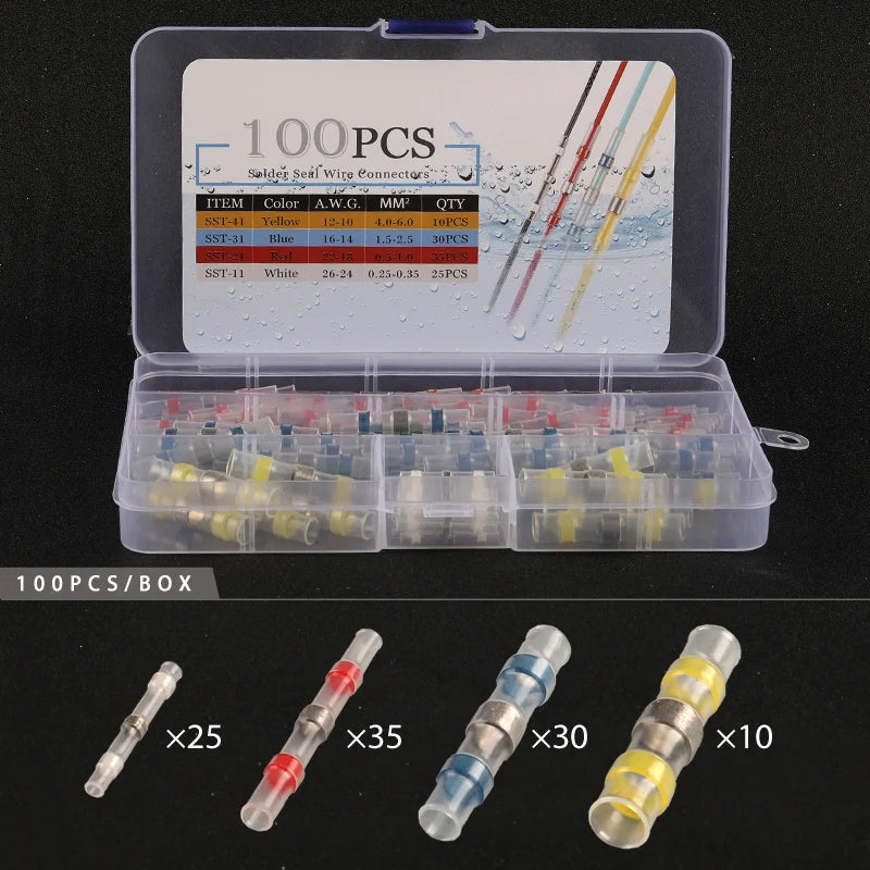 50/100/120/150/250/400 Stück verpackt 26–10 AWG 0,25–6 mm wasserdichte Lötdichtungshülse Spleißklemmen Wärmeschrumpf-Zinn-Stoßverbinder