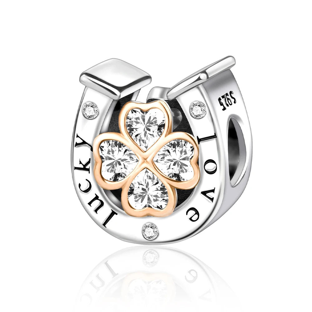 Glücksbringer aus 925er-Sterlingsilber mit vierblättrigem Kleeblatt, Hufeisenkrabbe, Marienkäfer-Zahlen-Charm, passend für DIY-Armbänder, Halsketten, Gesundheit, Glücksgeschenke