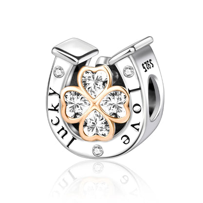 Glücksbringer aus 925er-Sterlingsilber mit vierblättrigem Kleeblatt, Hufeisenkrabbe, Marienkäfer-Zahlen-Charm, passend für DIY-Armbänder, Halsketten, Gesundheit, Glücksgeschenke
