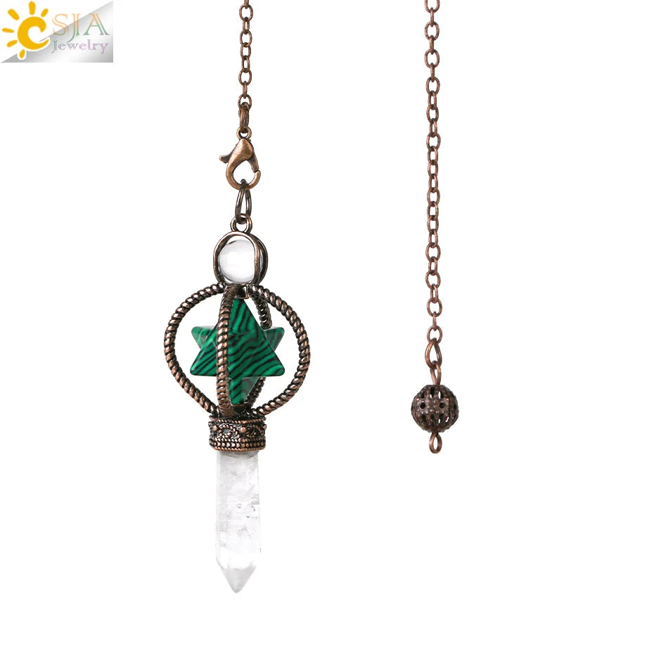 CSJA Esoterik Kristallpendel für Wünschelpen, Weissagung, Pendel, Merkaba, Naturstein-Anhänger, klarer Quarz, rote Bronze, G930