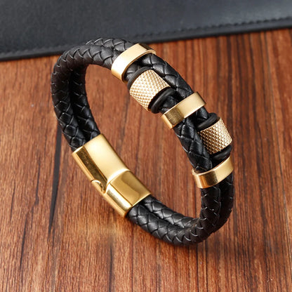 Charm Braid Rope Bracelet For Men Stainless Steel Magnetic Buckle Genuine Leather Bracelets &amp; Bangles Male Female Jewelry