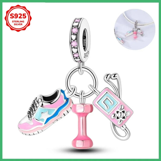 Original Sport-Hantel-Charm-Perle aus 925er Sterlingsilber, geeignet für DIY-Armbänder, Halsketten, Geburtstagsschmuckgeschenke