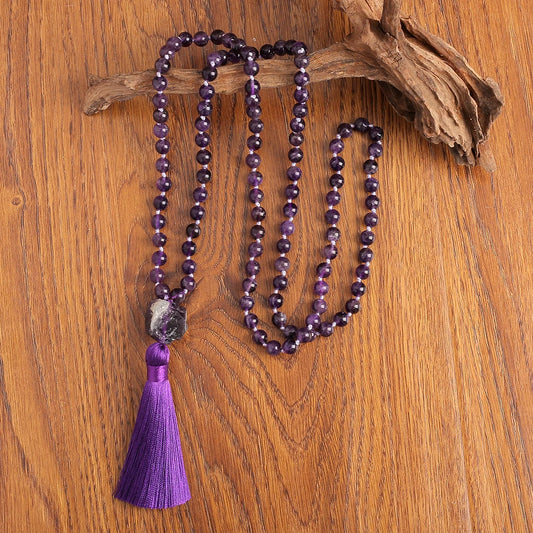 8mm Natürliche Amethyst-Perlenkette mit 108 Mala-Perlen, Geknotete Meditations-Yoga-Gebetskette mit Großer Stein-Guru-Perle, Schmuck