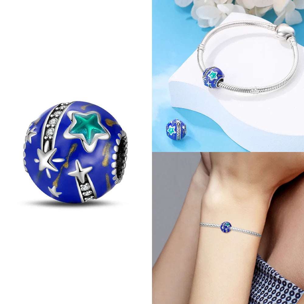 Original 925 Silber Lila Romantische Sternenplanet Perlen Halskette Charms Perlen Fit Armband Frauen Diy Zubehör Feines Geschenk