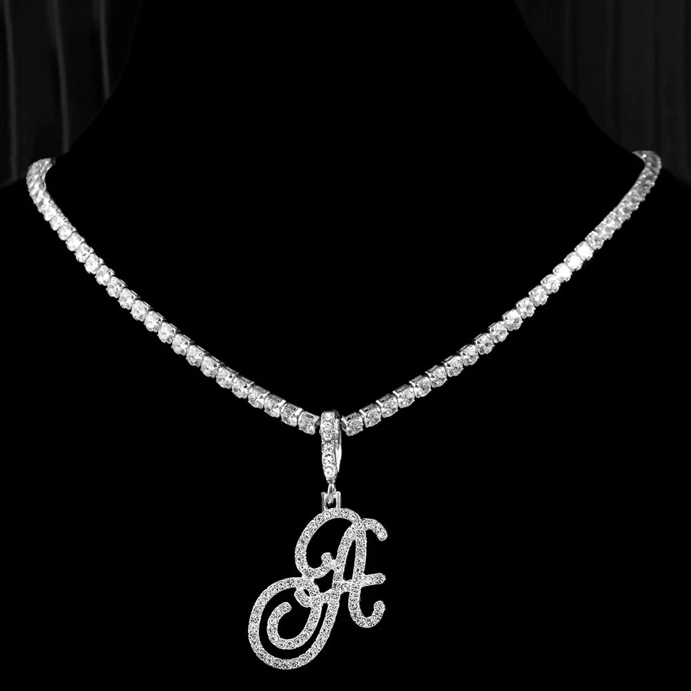 Neue Kursive Buchstaben Kubische Zirkonia Kette Initialen Namenskette Hip-Hop Schmuck Gold Silber Farbe CZ 26 Alphabet Anhänger Halsketten