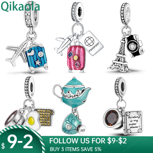 Genuine 925 Sterling Silver Book and Coffee Cup Charms, Fit Original Pand 3mm Bracelet Pendant Beads, Women's Fine Jewelry