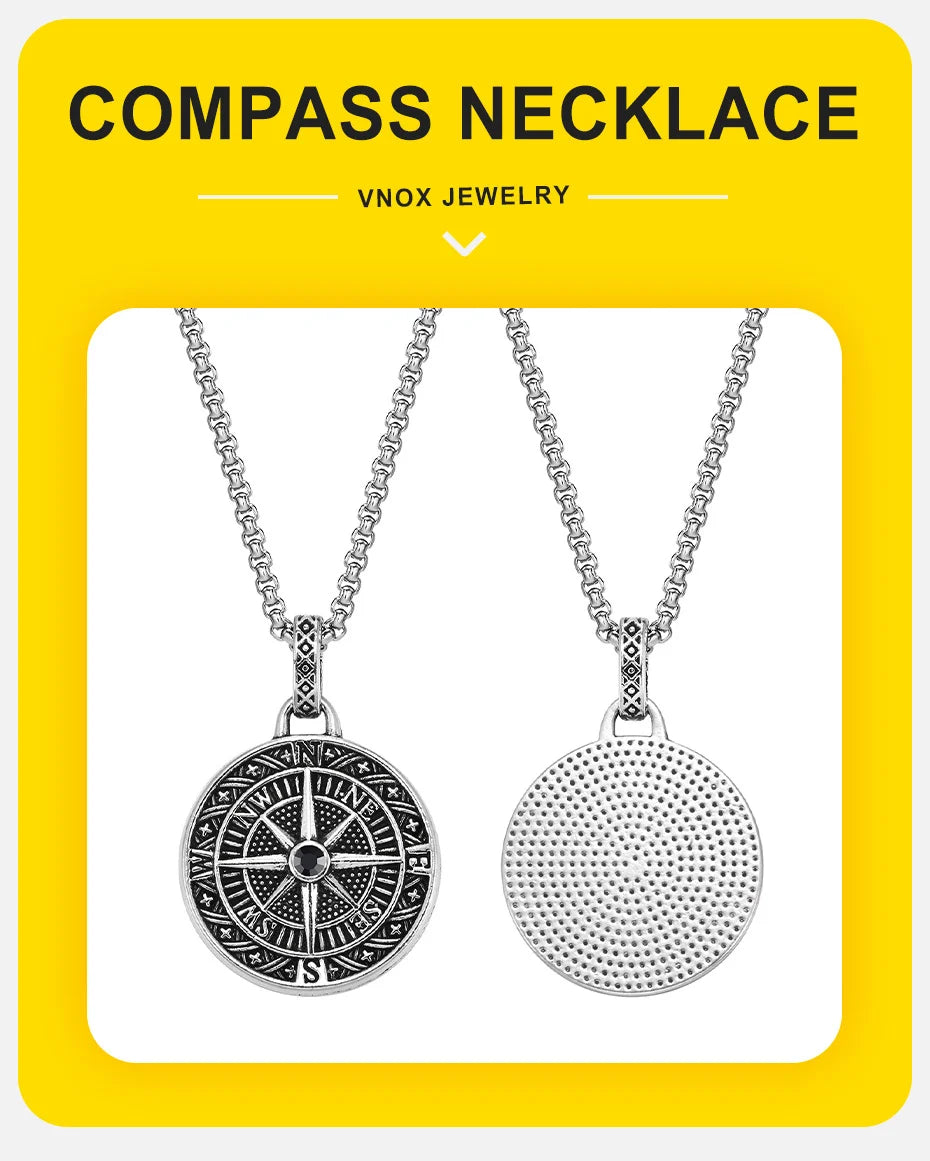 Vnox Vintage Compass Pendant Necklaces for Men and Boys, Stainless Steel Coin Necklace, Rock Hiphop Collar, Graduation Gid Gift