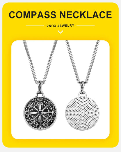 Vnox Vintage Compass Pendant Necklaces for Men and Boys, Stainless Steel Coin Necklace, Rock Hiphop Collar, Graduation Gid Gift