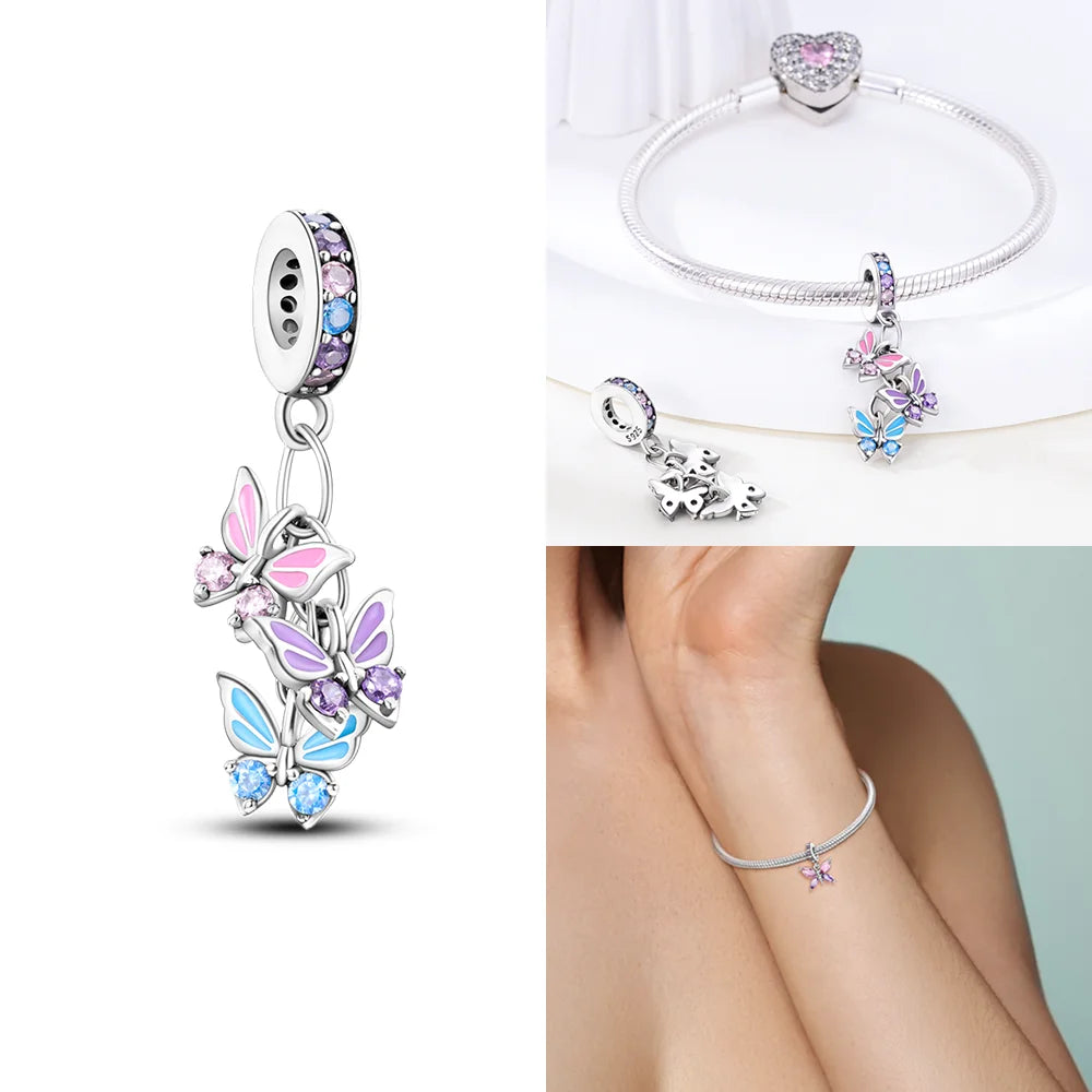 Neue Charms-Perle aus 925er-Sterlingsilber, rosa Schmetterling, leuchtende Glühwürmchen, baumelnd, passend für Armreifen, Halskette, DIY-Schmuck, Frauen-Geschenk