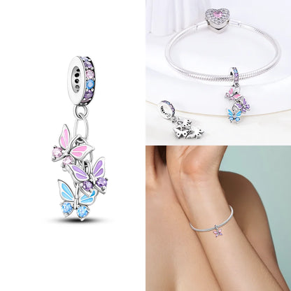 Neue Charms-Perle aus 925er-Sterlingsilber, rosa Schmetterling, leuchtende Glühwürmchen, baumelnd, passend für Armreifen, Halskette, DIY-Schmuck, Frauen-Geschenk