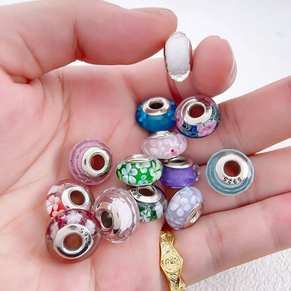 Echtes Sterlingsilber 925, Blumen-Charms, Glas, neue Original-Perle, bunt, Murano, passend für Original-Armbänder, DIY für Frauen, Schmuck, Geschenke