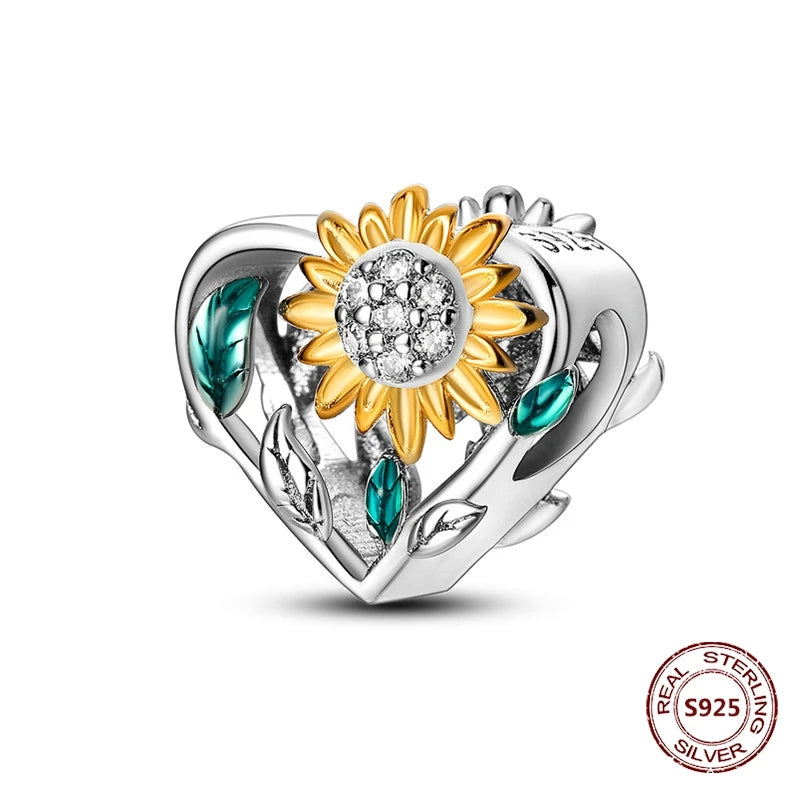Gelber Sonnenblumen-Charm aus 925er Silber, Original-Zirkon, Kolibri, Einhorn-Charms, passend für Armbänder, DIY-Schmuck für Frauen, Hochzeitsgeschenk
