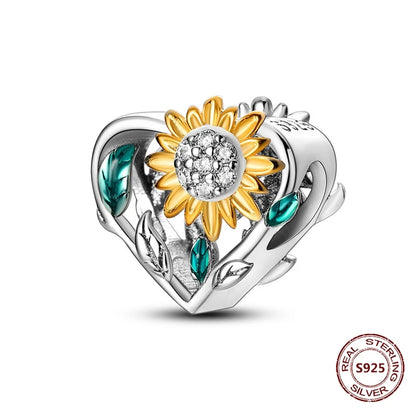 Gelber Sonnenblumen-Charm aus 925er Silber, Original-Zirkon, Kolibri, Einhorn-Charms, passend für Armbänder, DIY-Schmuck für Frauen, Hochzeitsgeschenk
