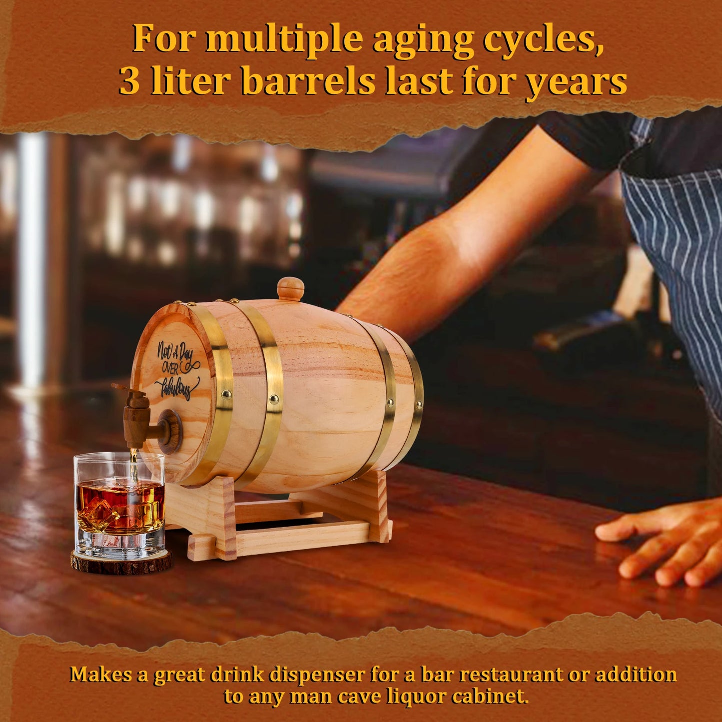 3L Holz-Whiskeyfass mit Ständer, Verschluss und Zapfhahn – Weinfass/Whiskeyfass-Spender für Whiskey, Bourbon, Cocktails, Rum