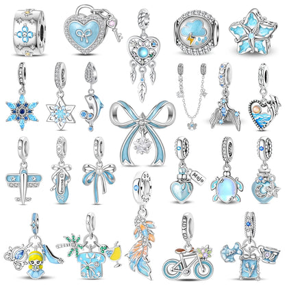 Exquisite Seestern-Perlen aus 925er-Sterlingsilber und vierblättriges Kleeblatt, baumelnder Charm für Armbänder und Halsketten, blaues romantisches Anhänger-Geschenk