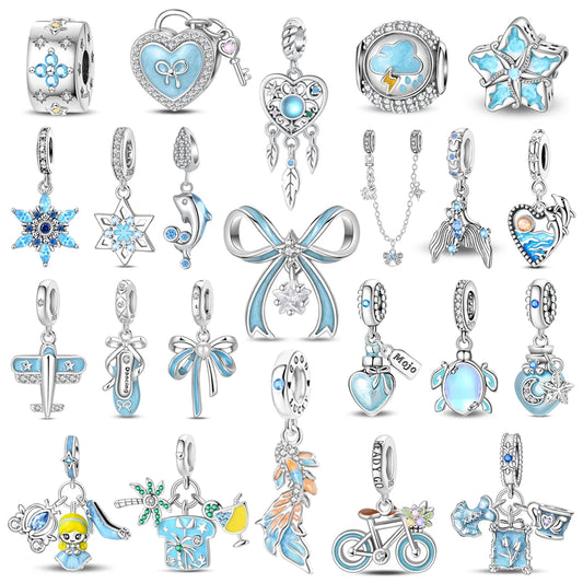 Exquisite Seestern-Perlen aus 925er-Sterlingsilber und vierblättriges Kleeblatt, baumelnder Charm für Armbänder und Halsketten, blaues romantisches Anhänger-Geschenk