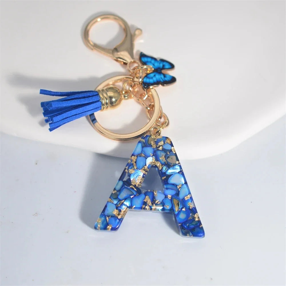 Modischer blauer glasierter Stein, A bis Z, Buchstaben-Schlüsselanhänger, 26 Initialen, Alphabet, Schmetterling, Quaste, Anhänger, Auto-Schlüsselanhänger, Damenschmuck, Geschenke