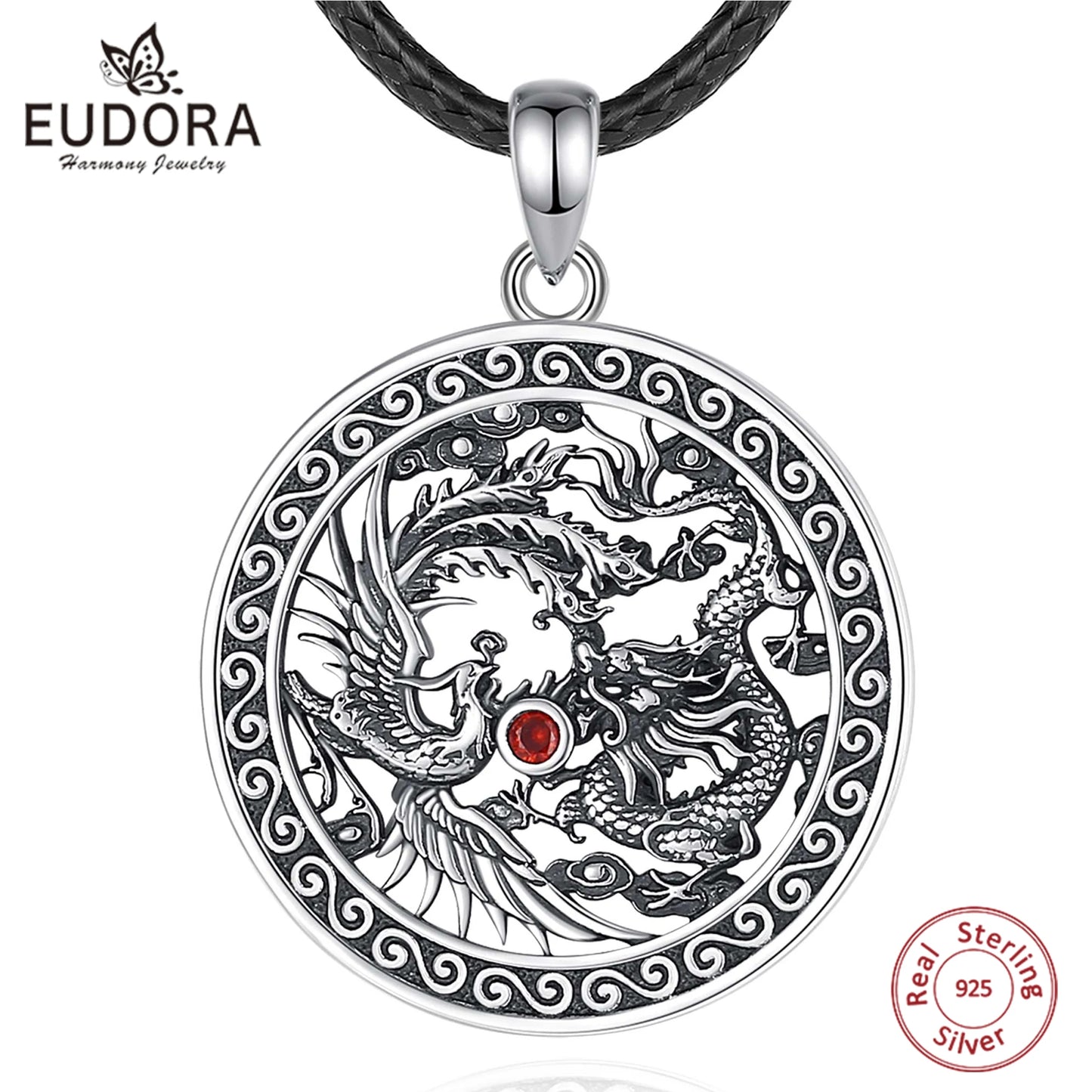 Eudora Halskette aus 925er-Sterlingsilber, Phoenix-Drachen-Halskette für Damen und Herren, Vintage-Stil, roter Zirkon, Sonnenamulett-Anhänger, Persönlichkeitsschmuck, Geschenk